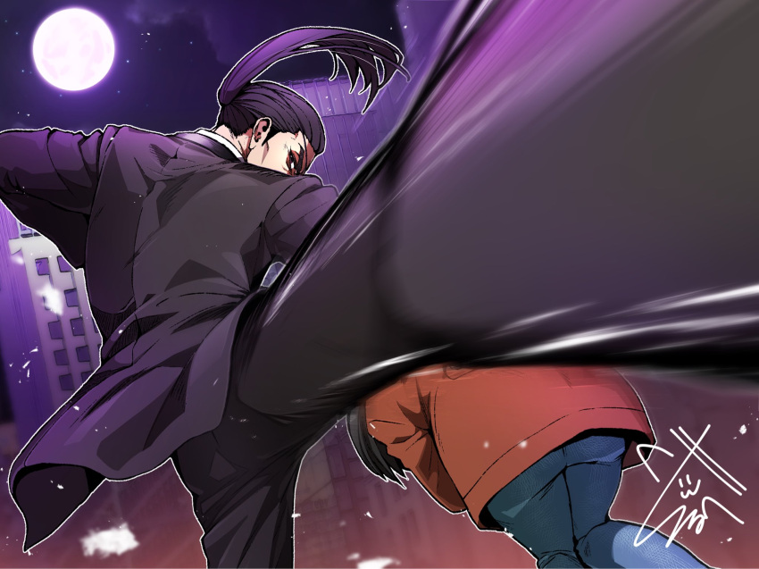 1boy, 1girl, black_eyes, black_hair, black_jacket, black_pants, blue_pants, building, commentary_request, cowboy_shot, fighting, fighting_stance, highres, itsuki_24824, jacket, kicking, leg_up, long_hair, long_sleeves, looking_at_viewer, majima_goro, makimura_makoto, night, outdoors, pants, ponytail, profile, red_jacket, ryuu_ga_gotoku_(series), ryuu_ga_gotoku_0, v-shaped_eyebrows