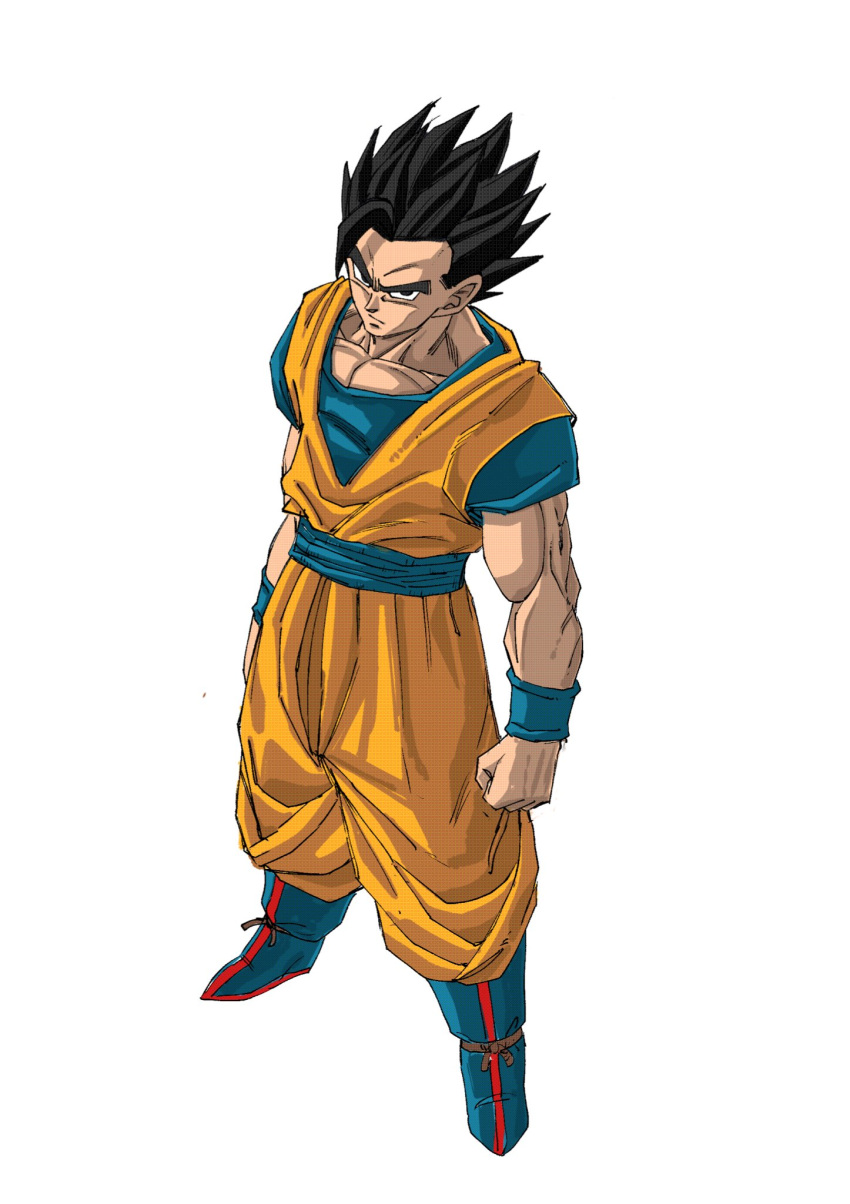 1boy, black_hair, blue_boots, blue_sash, blue_shirt, blue_wrist_cuffs, boots, dougi