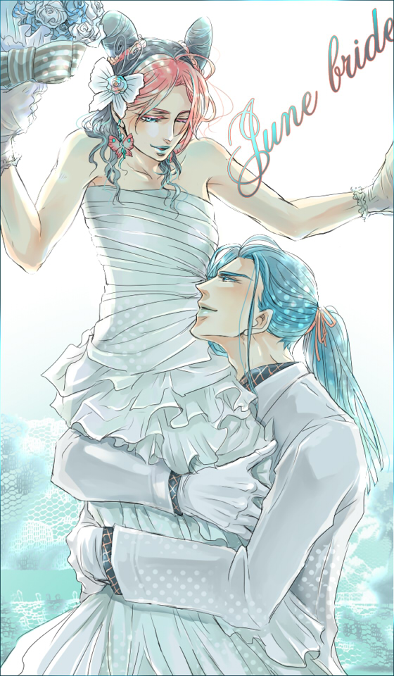 1girl, anakiss, blue_hair, bride, couple, double_bun, dress, irene_(jojo)