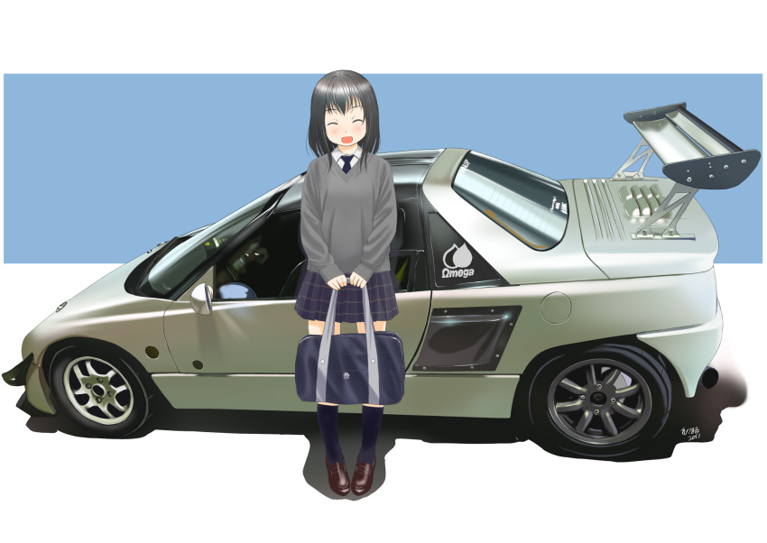 :o, ^_^, autozam_az-1, bag, black_hair, black_legwear, blush, car
