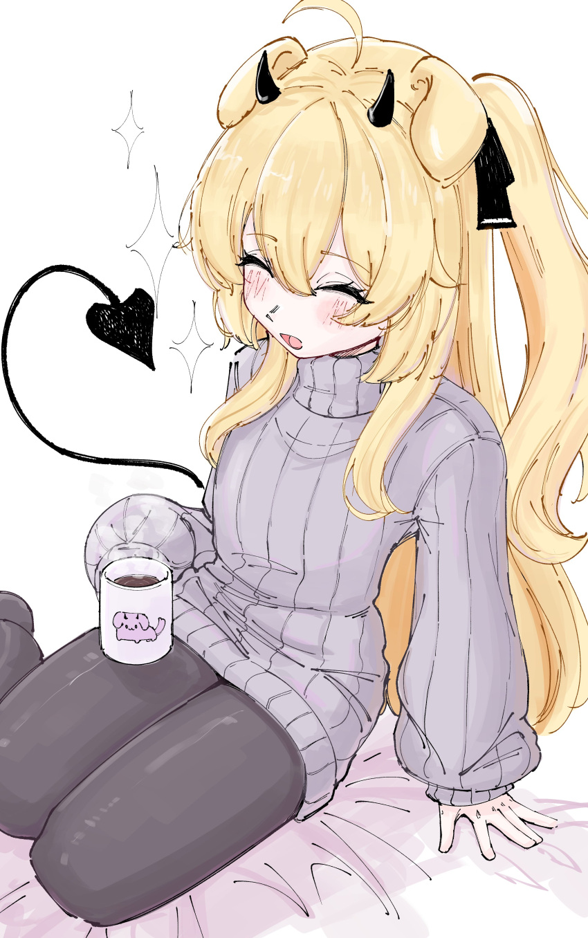 1girl, absurdres, animal_ears, blonde_hair, breasts, cerber_(vtuber), closed_eyes, coffee, coffee_mug, cup, demon_horns, demon_tail, dog_ears, dog_girl, froq_art, grey_sweater, hair_ribbon, highres, holding, holding_cup, horns, indie_virtual_youtuber, long_hair, mug, open_mouth, pantyhose, ribbon, sitting, small_breasts, smile, sweater, tail, thighs, twintails, virtual_youtuber, white_background