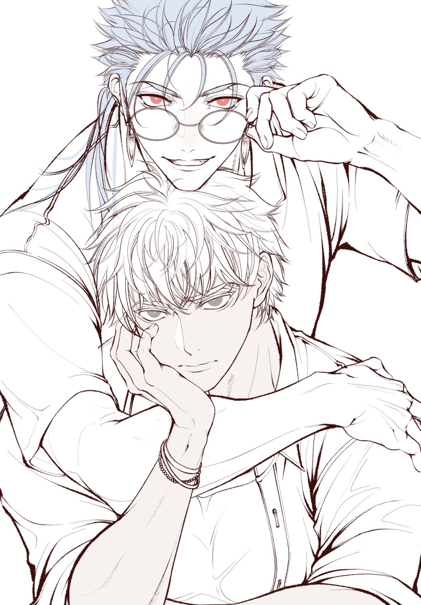 2boys, adjusting_eyewear, archer_(fate), blue_hair, bracelet, brown_eyes, commentary_request, cu_chulainn_(fate)