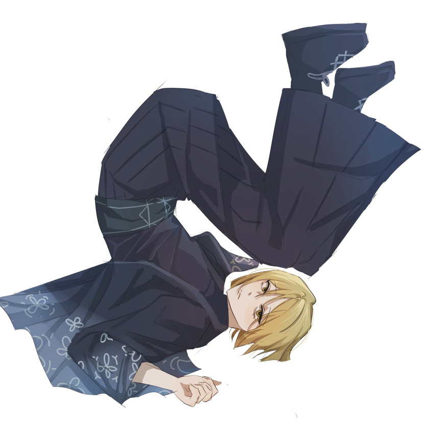 1boy, black_shirt, blonde_hair, commentary_request, cosplay, eclair_0n11, full_body, highres