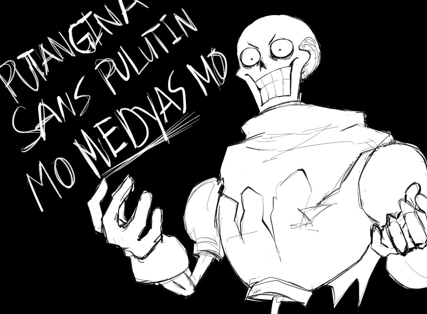 1boy, 2022, 2d, absurdres, anaizzzen, armor, black_background, cape, check_translation, closed_mouth, commentary, digital_media, english_commentary, filipino_text, gloves, high_contrast, highres, humanoid, male, male_focus, male_only, monochrome, monster, monster_boy, outstretched_arms, papyrus_(undertale), profanity, simple_background, skeleton, solo, teeth, text, translated, translation_request, undead, undertale, upper_body, utdr_(toby_fox)