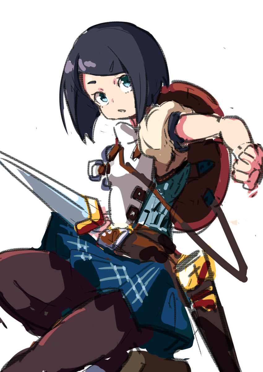 1girl, absurdres, armor, black_hair, black_pantyhose, blue_eyes, blue_skirt, bob_cut