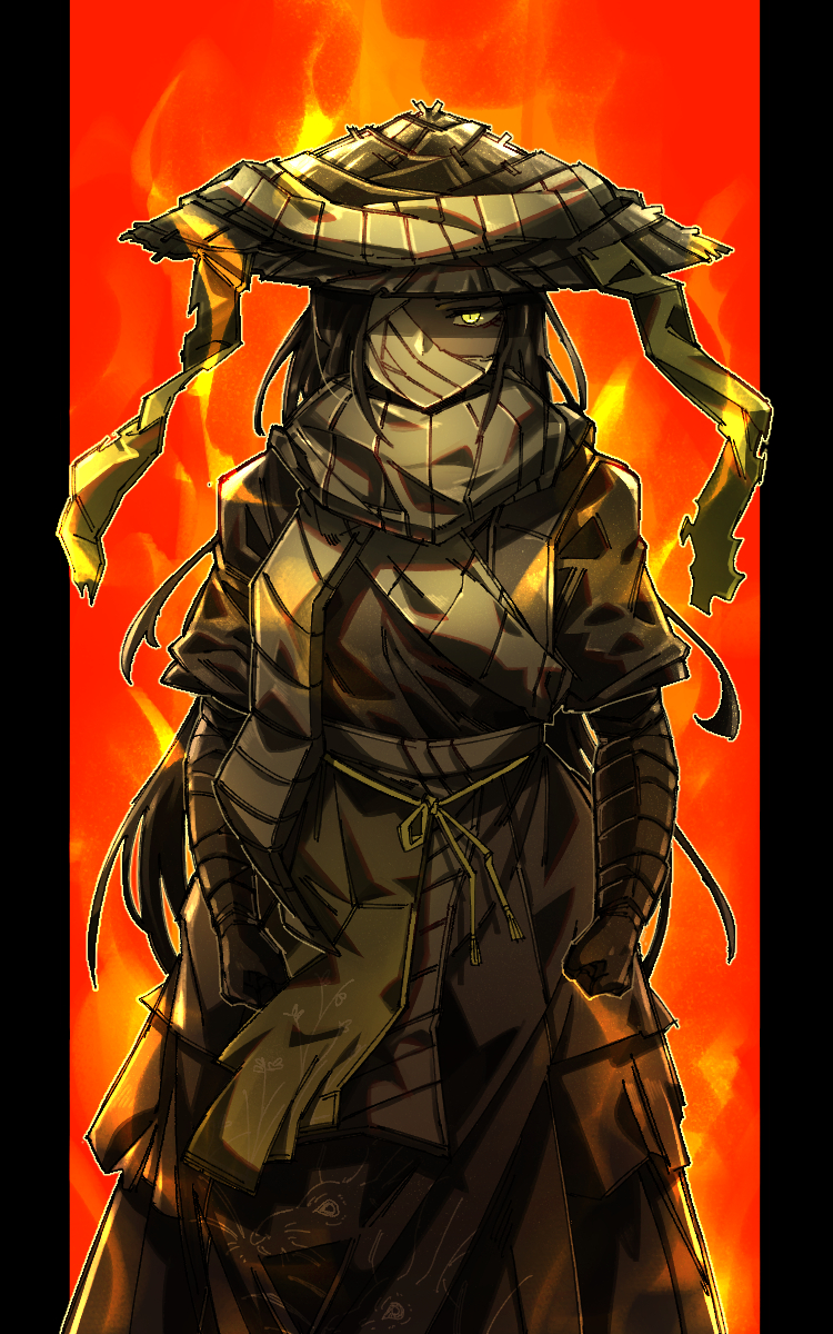 1girl, aura, bandage_over_one_eye, black_hair, commentary_request, conical_hat, covered_mouth, dark-skinned_female