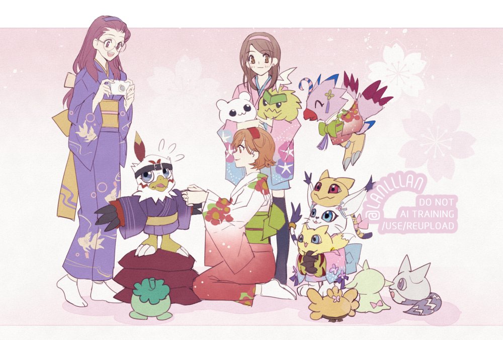 3girls, bibimon, bird, brown_hair, caprimon, character_request, commentary, digimon