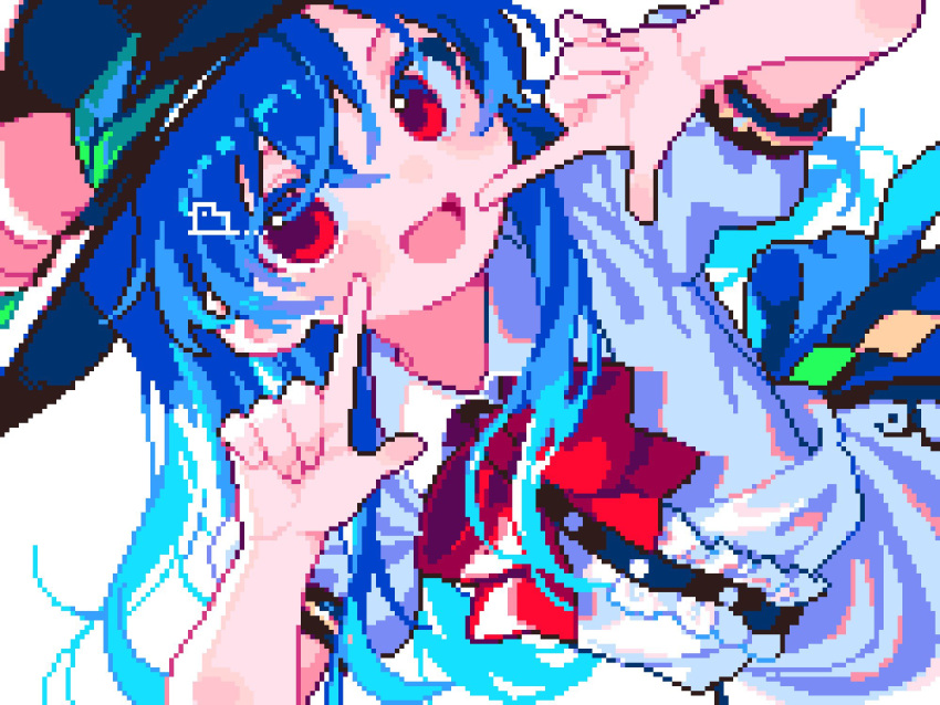 1girl, :d, ahiru_tokotoko, apron, artist_logo, black_hat, blue_hair, blue_skirt