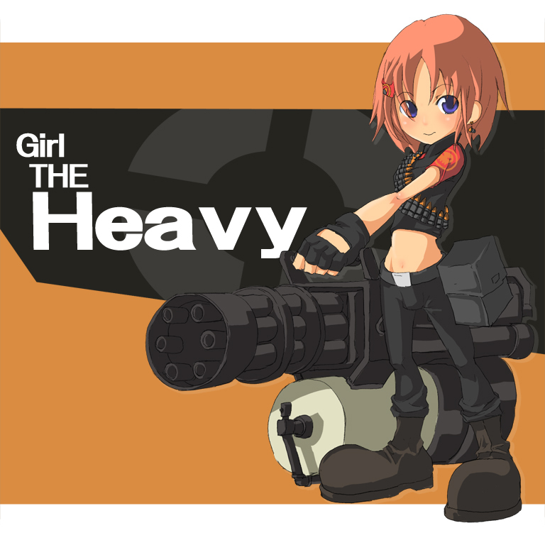 ammunition_belt, belt, blush, boots, crop_top, drum_magazine, earrings, english, fingerless_gloves, gatling_gun, genderswap, gloves, gun, hair_ornament, hairclip, jewelry, midriff, mr_kunimitsu, navel, orange_hair, purple_eyes, short_hair, smile, solo, team_fortress_2, the_heavy, weapon