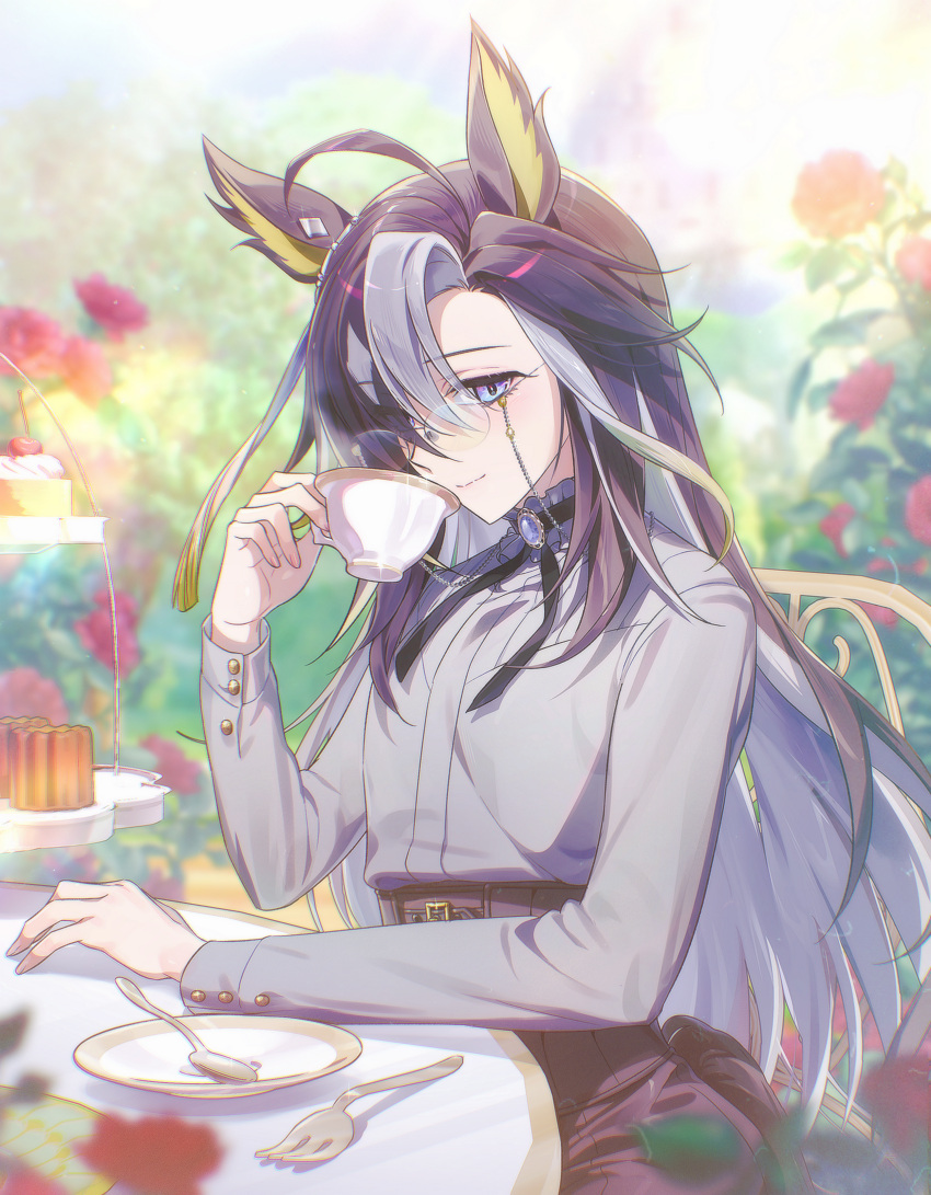 1girl, absurdres, ahoge, animal_ears, black_hair, black_pants, blue_gem, cake_stand