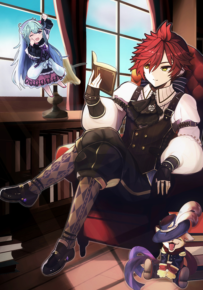 1girl, 2boys, aqua_hair, black_hat, black_pants, black_shoes, book, bookshelf