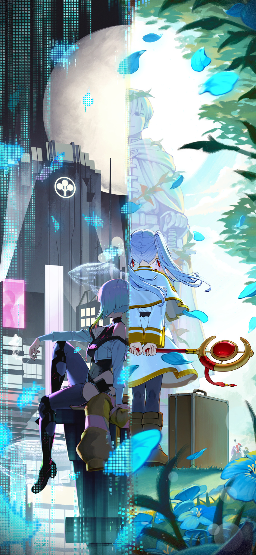 1boy, 2girls, absurdres, blue_flower, building, cityscape, cyberpunk:_edgerunners, cyberpunk_(series)