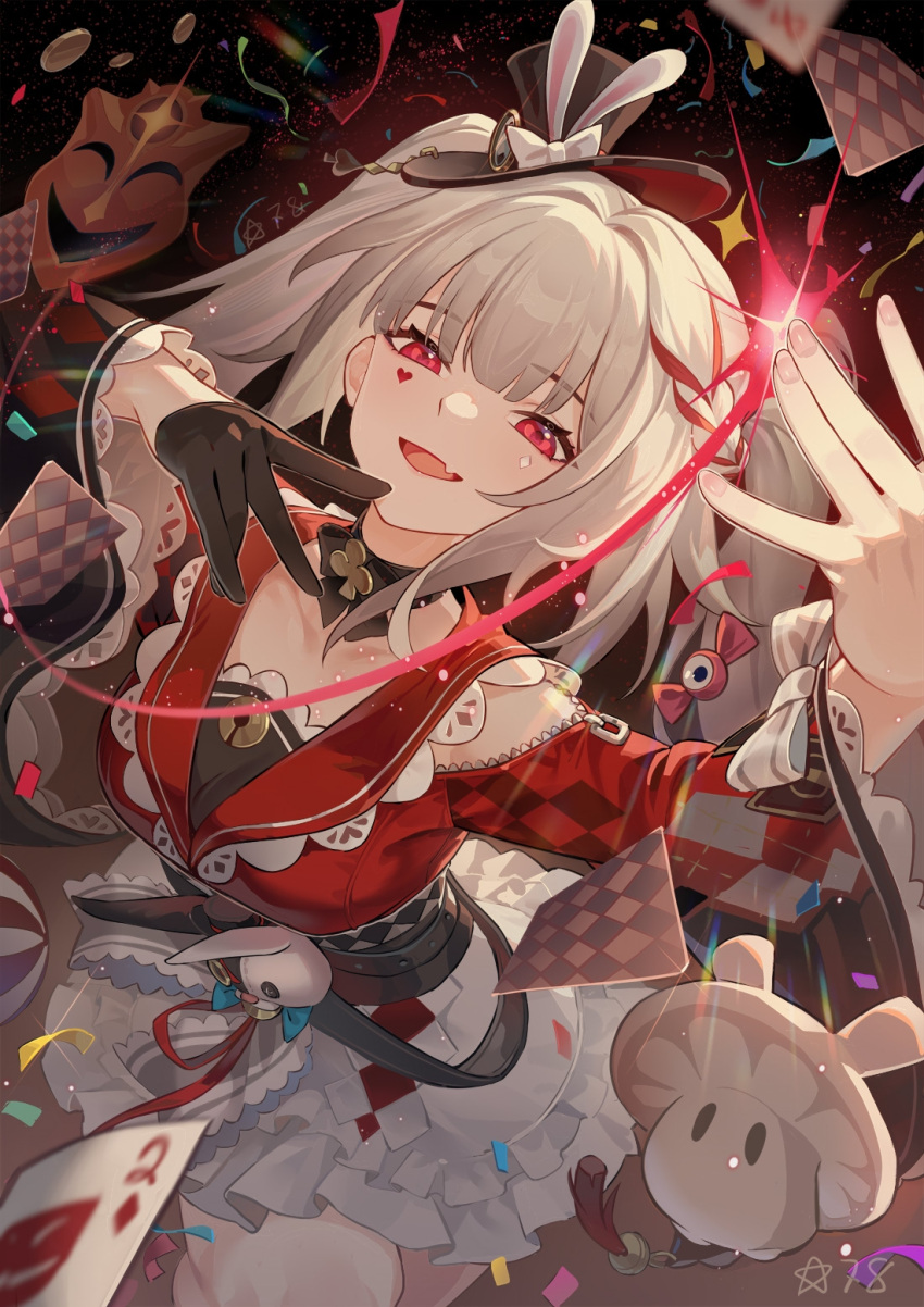 1girl, :d, black_gloves, black_hat, card, commentary_request, confetti, diamond_(shape)