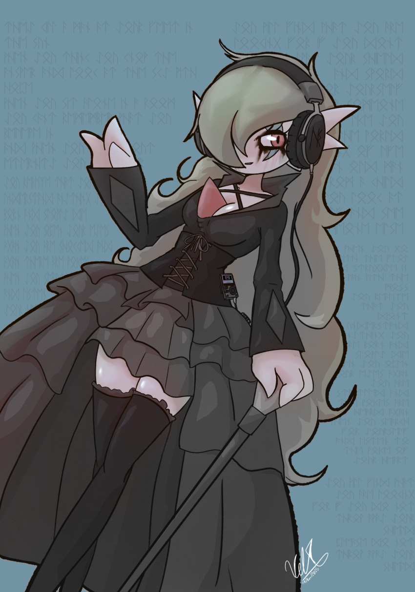 1girl, absurdres, alternate_hairstyle, artist_name, black_eyeliner, black_shirt, black_skirt, black_thighhighs
