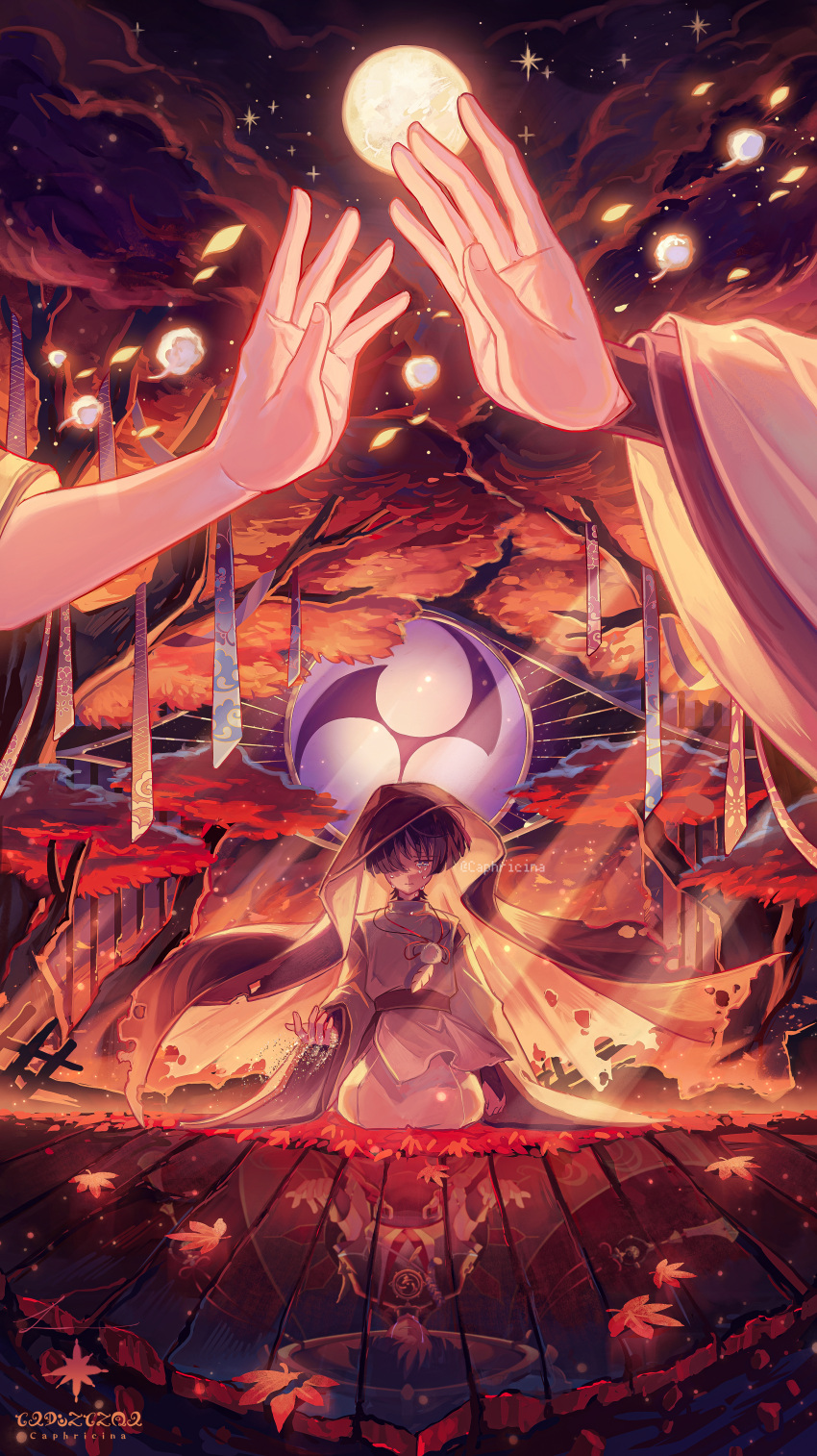 2boys, absurdres, alternate_costume, artist_name, ashes, autumn_leaves, commentary, crying