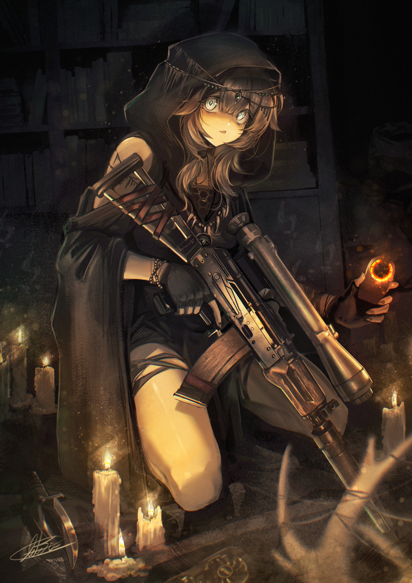 1girl, absurdres, aks-74u, antlers, arktic, assault_rifle, black_gloves, book