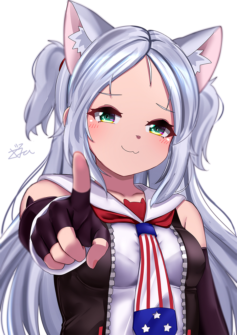 1girl, :3, american_flag_neckwear, animal_ears, azur_lane, bare_shoulders, black_gloves, black_vest