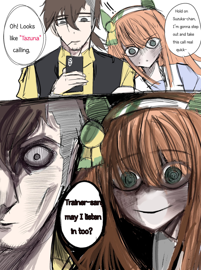 1boy, 1girl, animal_ears, bow, cellphone, ear_bow, ear_covers, highres