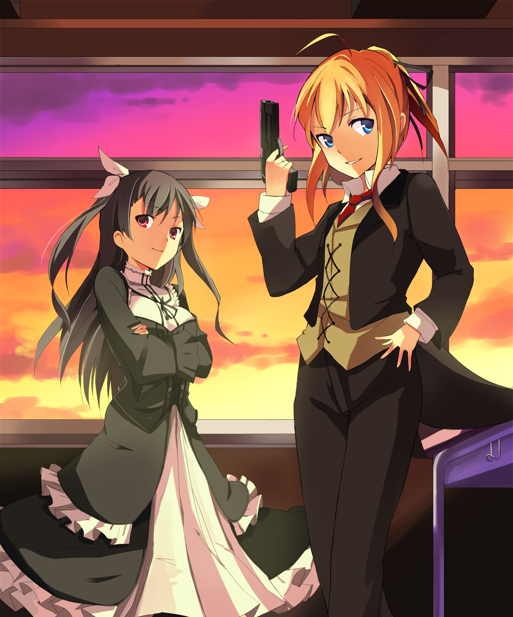 ahoge, blue_eyes, butler, crossed_arms, dress, gun, hair_ribbon, hasebe_yu