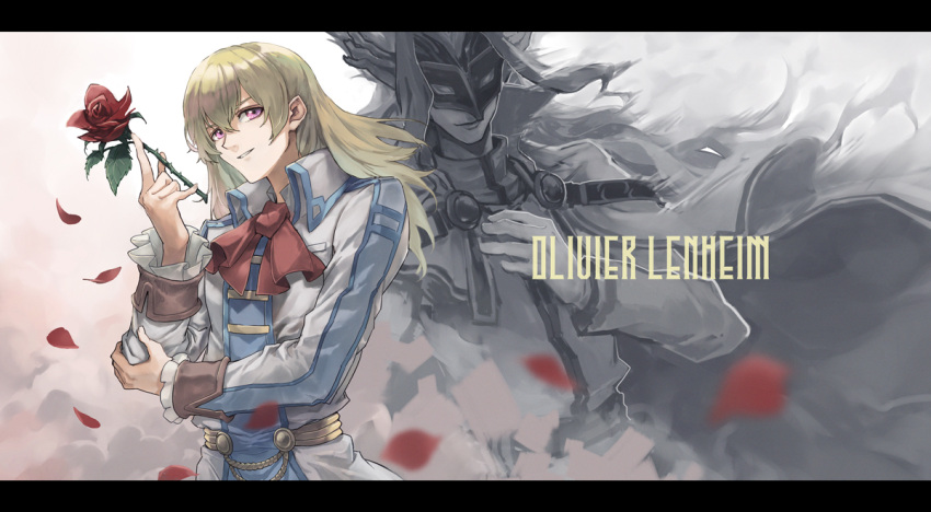 2boys, bleublanc, double-parted_bangs, eiyuu_densetsu, eye_mask, falling_petals, floating_hair, flower