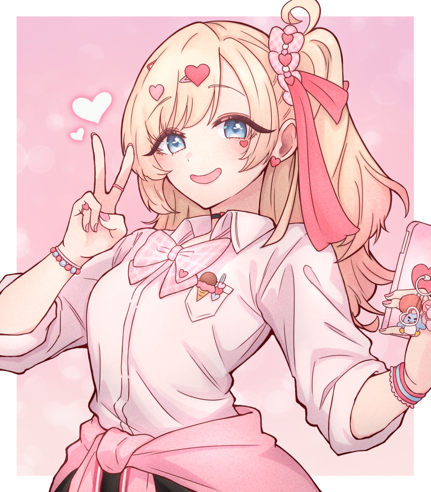 1girl, :d, absurdres, bead_bracelet, beads, black_choker, blonde_hair, blue_eyes