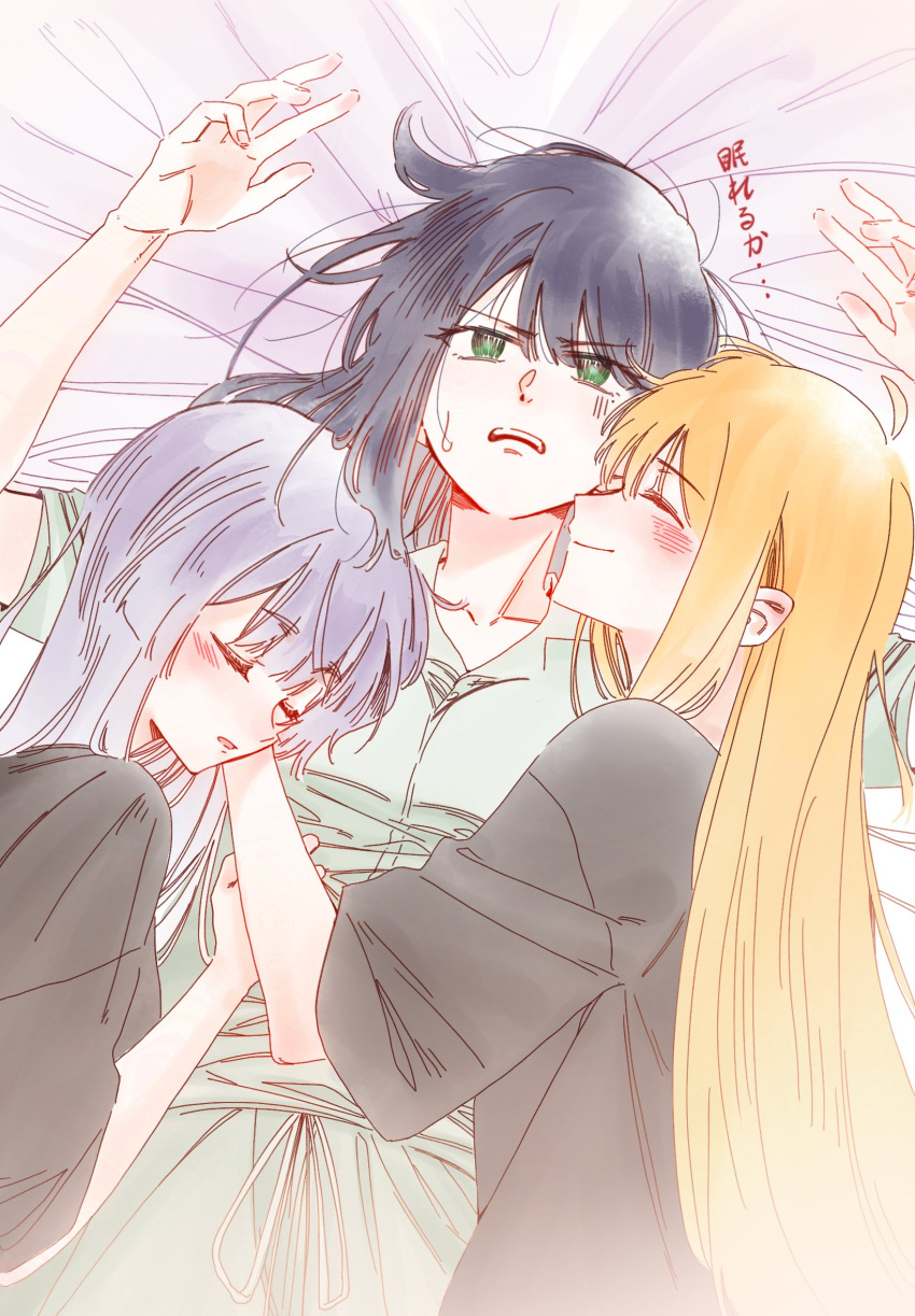 3girls, ahoge, black_hair, black_shirt, blonde_hair, cho_kaguya-hime!, closed_eyes, closed_mouth