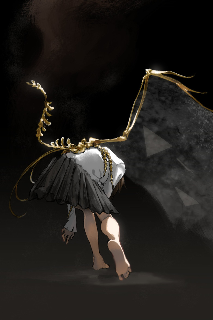 1girl, asymmetrical_wings, barefoot, bent_over, black_background, black_skirt, brown_hair, commentary_request, covered_face, dark, from_behind, full_body, highres, iwanaga_ariya, kaigen_1025, long_sleeves, shirt, skeletal_wings, skirt, smoke, solo, touhou, walking, white_shirt, wings