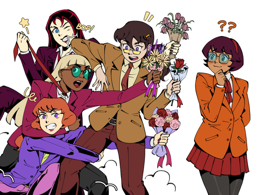 5girls, bouquet, brown_hair, coco_diablo, daphne_blake, dark-skinned_female, dark_skin, fighting
