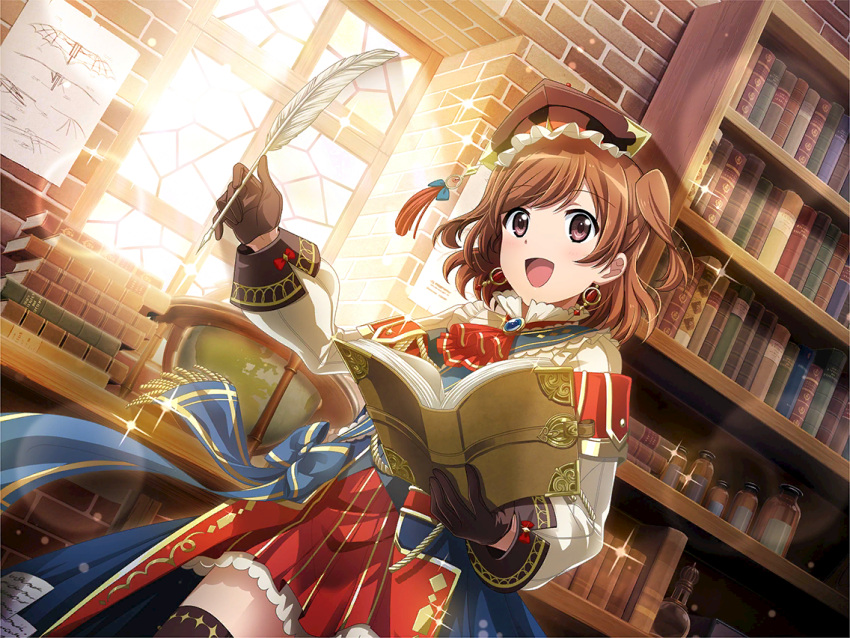 1girl, aijou_karen, ascot, blue_dress, book, bookshelf, brick, brown_eyes, brown_hair, brown_hat, cosplay, dress, dutch_angle, earrings, game_cg, globe, hat, holding, holding_book, holding_quill, indoors, jewelry, leonardo_da_vinci, leonardo_da_vinci_(cosplay), long_sleeves, looking_at_viewer, official_art, open_book, quill, real_life, red_ascot, red_skirt, shirt, short_hair, shoujo_kageki_revue_starlight, shoujo_kageki_revue_starlight_-re_live-, skirt, solo, standing, two_side_up, upper_body, white_shirt, window