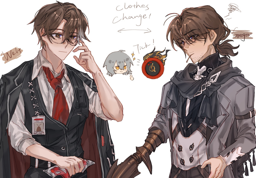 1girl, 1other, 2boys, adjusting_eyewear, arrow_(symbol), arthropod_limbs, beard_stubble, belt