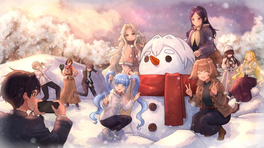 1boy, 6+girls, :d, ^_^, absurdres, aijou_rentarou, bag, black_hair