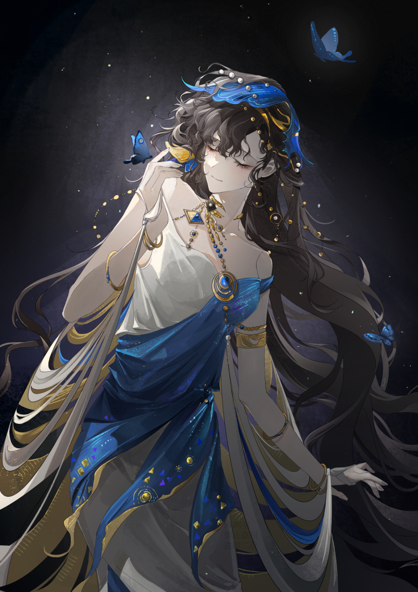 1girl, absurdres, armlet, bare_shoulders, black_background, black_hair, blue_butterfly, blue_dress