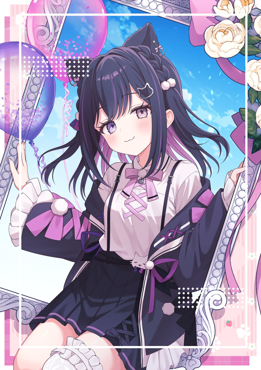 1girl, absurdres, balloon, bow, bowtie, cat_hair_ornament, collared_shirt, commentary_request