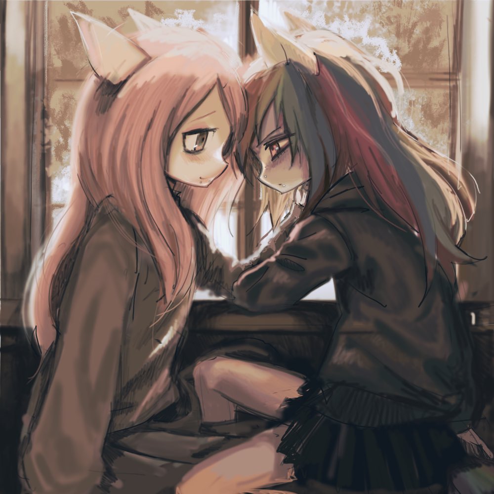 2girls, animal_ears, brown_shirt, chin_piercing, closed_mouth, commentary, emo_fashion, face_piercing