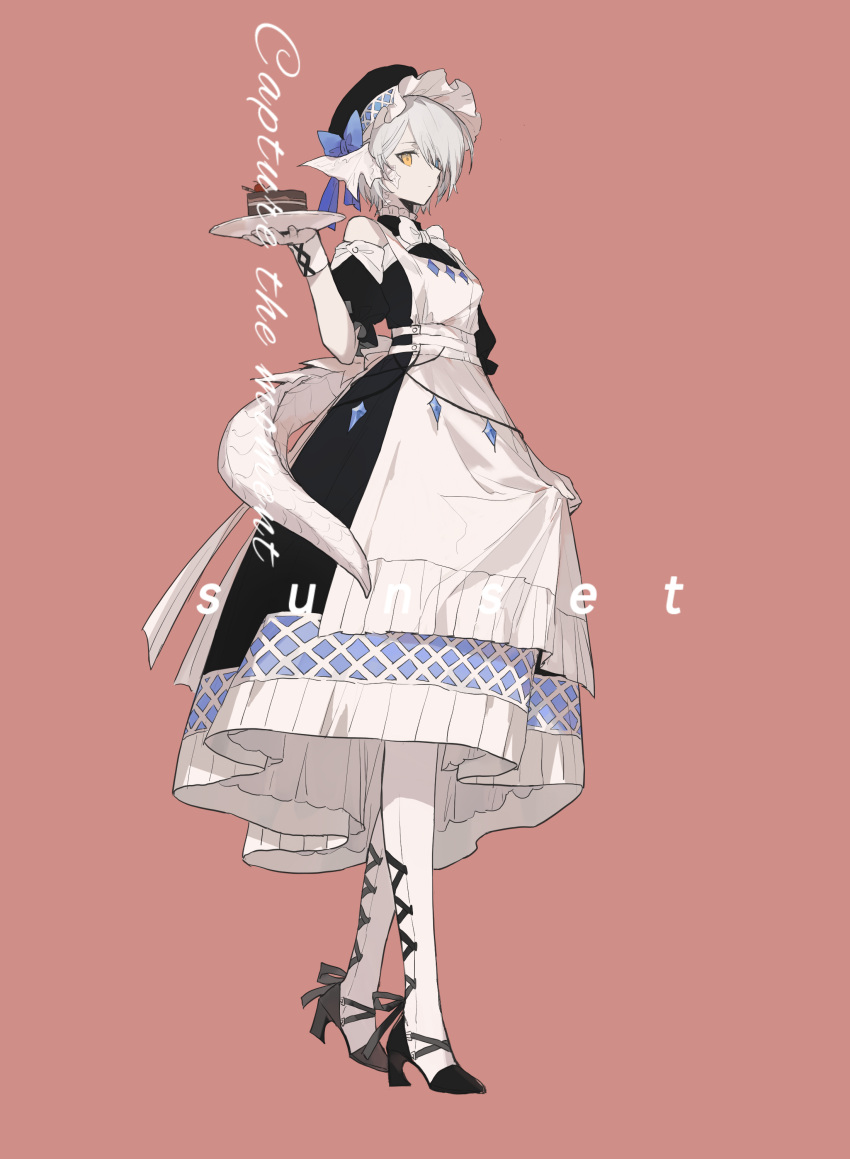 1girl, absurdres, apron, black_shoes, blue_bow, bow, bowtie, closed_mouth