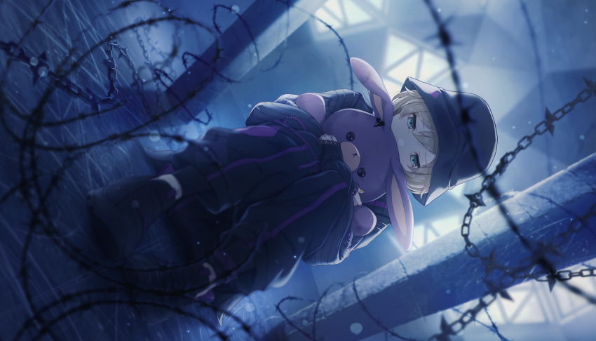 1boy, 25-ji_len, aqua_eyes, black_hat, black_pants, black_shoes, black_sweater, blonde_hair