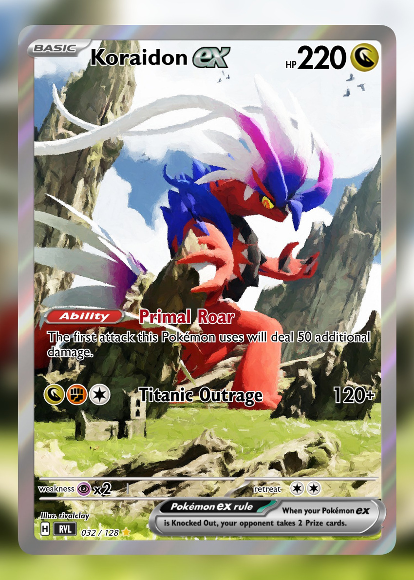 artist_name, attack_points, bird, blue_feathers, blue_sky, building, card_(medium), character_name, clouds, cloudy_sky, colored_sclera, english_text, fake_trading_card, feathers, giant, giant_monster, highres, koraidon, looking_at_viewer, multicolored_feathers, no_humans, orange_eyes, outdoors, pokemon, pokemon_(creature), pokemon_card, pokemon_focus, pokemon_sv, purple_feathers, red_scales, rivalclay, rock, sky, tail, webbed_hands, white_feathers, yellow_sclera