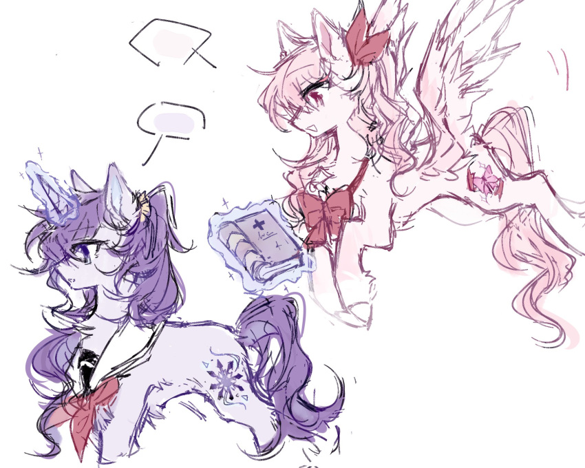 1girl, 1other, akiyama_mizuki, animal_ears, animalization, asahina_mafuyu, blank_speech_bubble, book, bow, commentary, cutie_mark, drill_hair, drill_ponytail, drill_sidelocks, english_commentary, feathered_wings, floating, flying, high_ponytail, high_side_ponytail, highres, horns, horse_ears, horse_girl, horse_tail, inktiger156721, looking_at_another, my_little_pony, my_little_pony:_friendship_is_magic, neckerchief, open_mouth, pink_eyes, pink_fur, pink_hair, pony_(animal), ponytail, project_sekai, purple_fur, purple_hair, red_bow, red_neckerchief, sailor_collar, sidelocks, single_horn, sketch, speech_bubble, tail, unicorn, violet_eyes, white_sailor_collar, winged_unicorn, wings