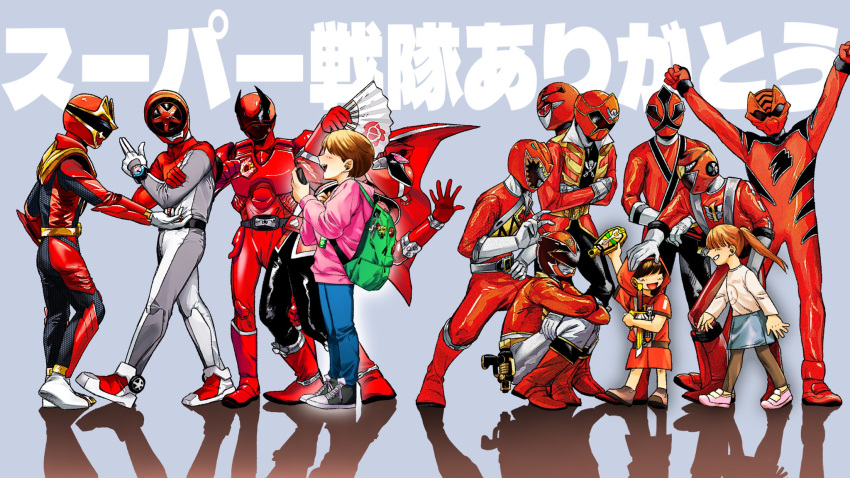 1girl, 6+boys, armor, avataro_sentai_donbrothers, backpack, bag, bakuage_sentai_boonboomger, black_bodysuit