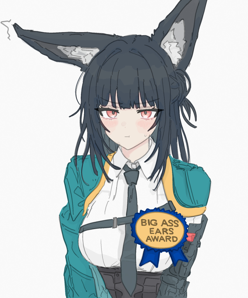 1girl, :t, animal_ear_fluff, animal_ears, award_ribbon, black_hair, black_necktie, blush, closed_mouth, collared_shirt, commentary, english_commentary, fox_ears, grey_background, highres, hoshimi_miyabi, long_hair, makotan_art, necktie, one_ear_down, pout, red_eyes, shirt, simple_background, solo, unkempt, upper_body, white_shirt, zenless_zone_zero