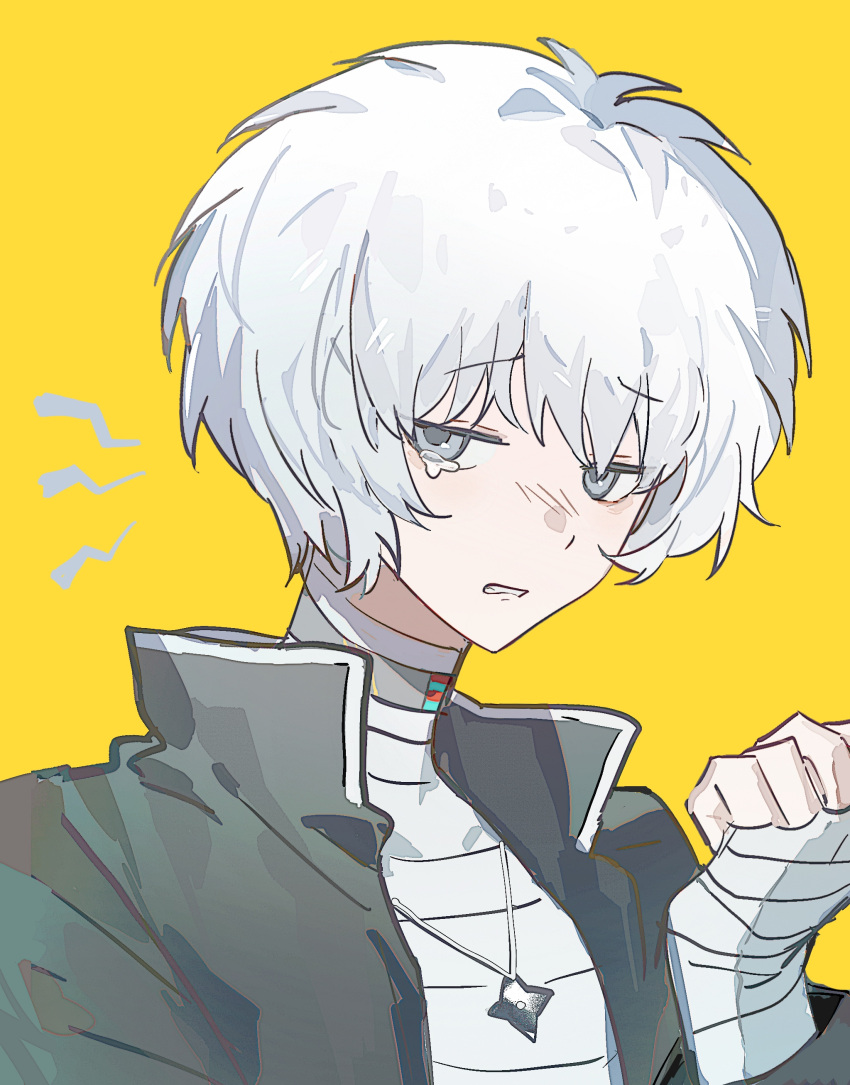 1boy, absurdres, animal_collar, bandaged_hand, bandaged_neck, bandaged_torso, bandages, black_jacket, chinese_commentary, collar, collared_jacket, commentary_request, crying, grey_eyes, high_collar, highres, jacket, kageyama_ranmaru, kimi_ga_shine, lu_di_li_dianbo_tongxin, open_clothes, open_jacket, short_hair, shuriken_necklace, simple_background, solo, tears, white_hair, yellow_background