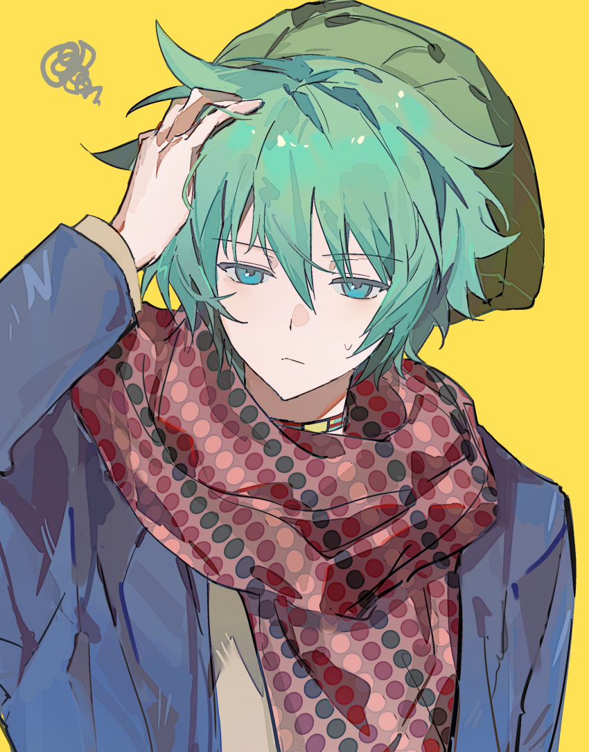 1boy, absurdres, animal_collar, annoyed, aqua_eyes, aqua_hair, beanie, blue_jacket