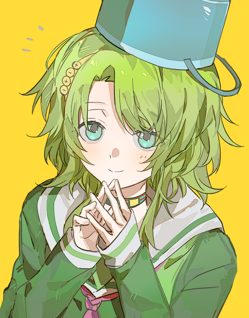 1girl, absurdres, animal_collar, aqua_eyes, blush, bucket, bucket_on_head, chinese_commentary