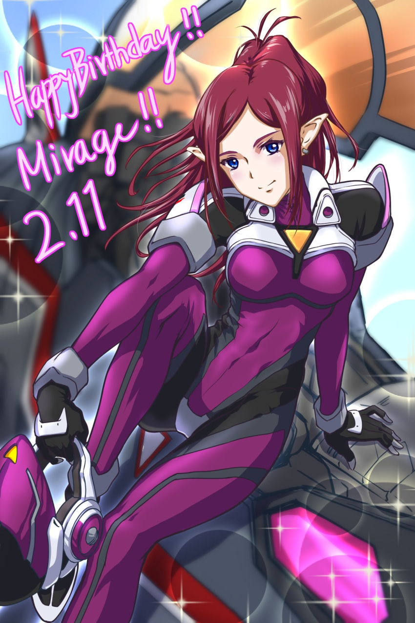 !, !!, 1girl, black_gloves, blue_eyes, bob_cut, bodysuit, breasts, closed_mouth, commentary_request, covered_navel, dated, earrings, english_text, floating_hair, gloves, happy_birthday, helmet, highres, holding, holding_unworn_helmet, jewelry, long_hair, looking_at_viewer, macross, macross_delta, mecha_pilot_suit, medium_breasts, mirage_farina_jenius, pointy_ears, ponytail, purple_hair, rev_(rev006010), sitting, smile, solo, unworn_headwear, unworn_helmet