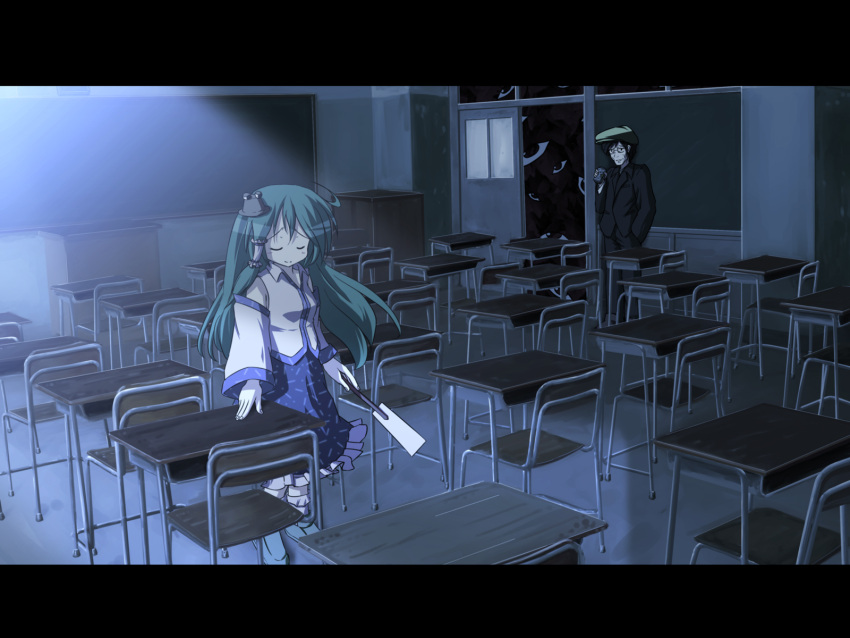 can, chalkboard, classroom, closed_eyes, desk, detached_sleeves, eyes, eyes_closed