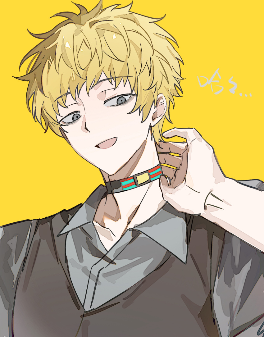 1boy, absurdres, animal_collar, black_vest, blonde_hair, collar, grey_eyes, grey_shirt