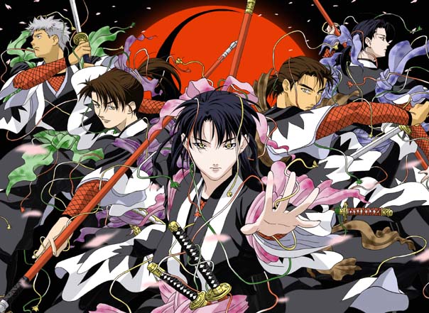 5boys, bad_id, black_hair, black_kimono, black_pants, blue_bow, blue_sash, bow