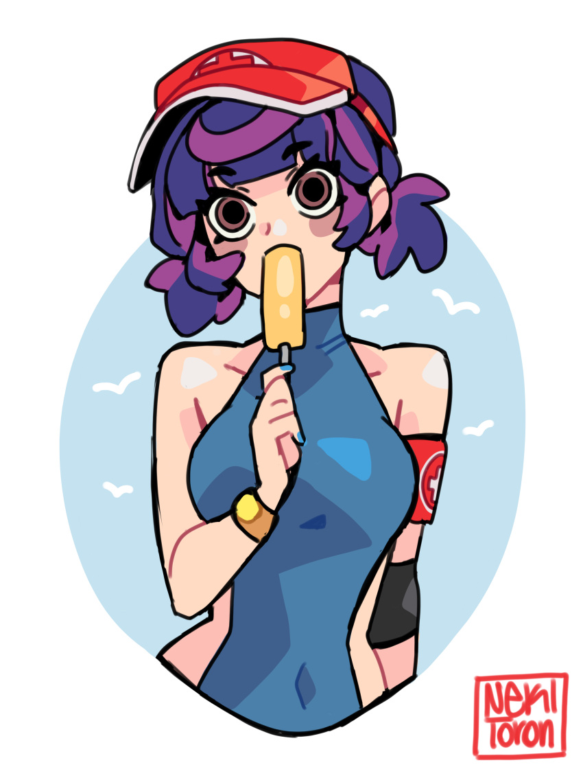1girl, absurdres, bare_shoulders, breasts, eating, food, helmet, highres