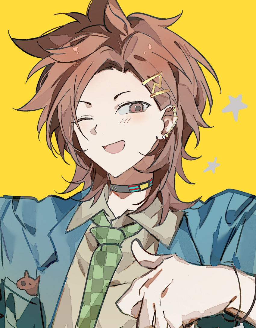 1boy, ;d, absurdres, animal_collar, blazer, blue_jacket, bracelet, breast_pocket