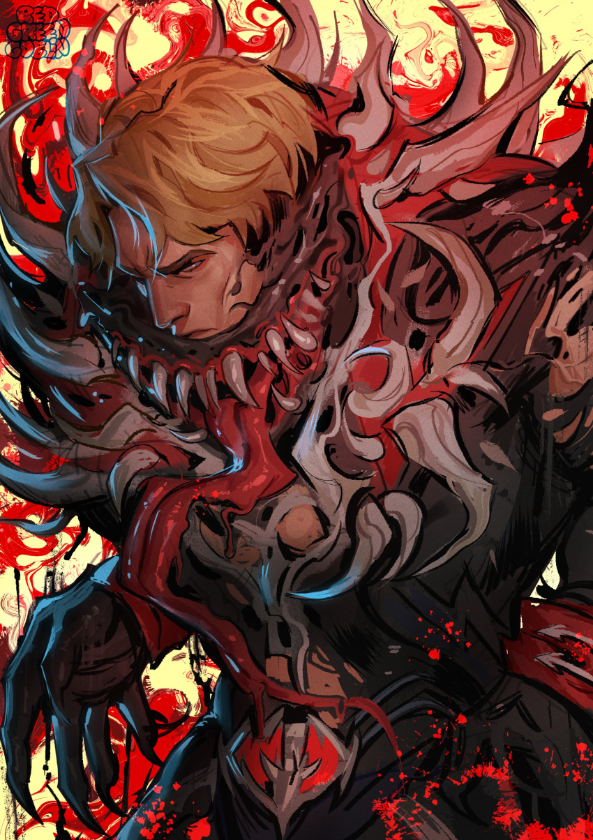 1boy, absurdres, blonde_hair, commentary, eddie_brock, english_commentary, highres, long_tongue